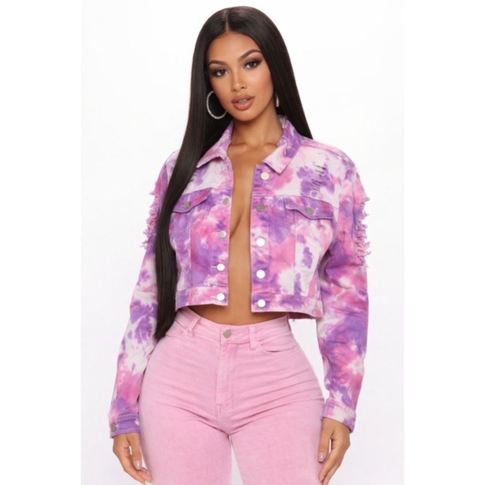 American Bazi Tie Dye Denim Jacket Distressed Cropped Pink Purple Size L